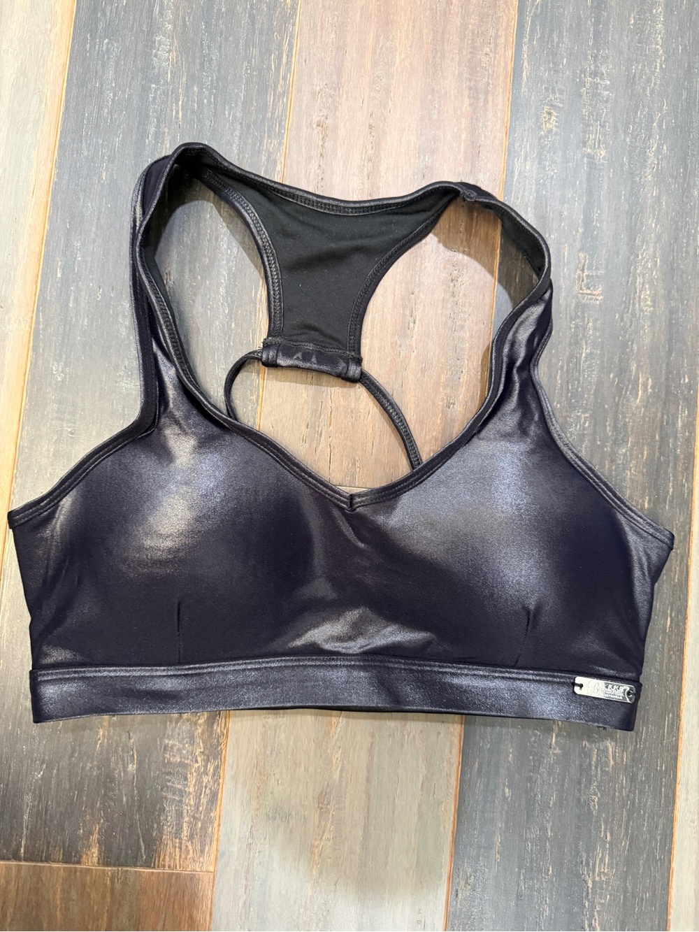 Bombshell Sportswear Metallic Glossy Black Racerback Sports Bra